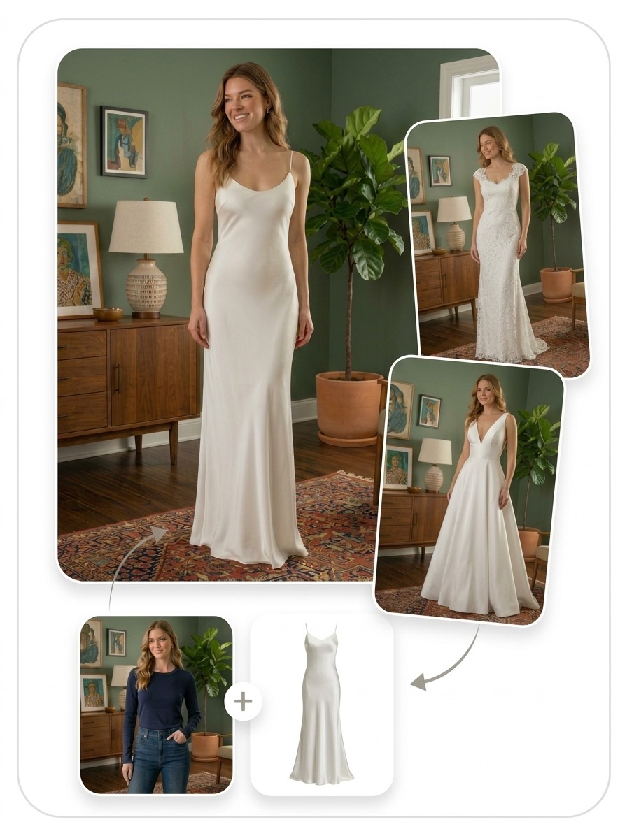 Beispiel: Aus einem Foto und einem Brautkleid entstehen Bilder der Person im Brautkleid